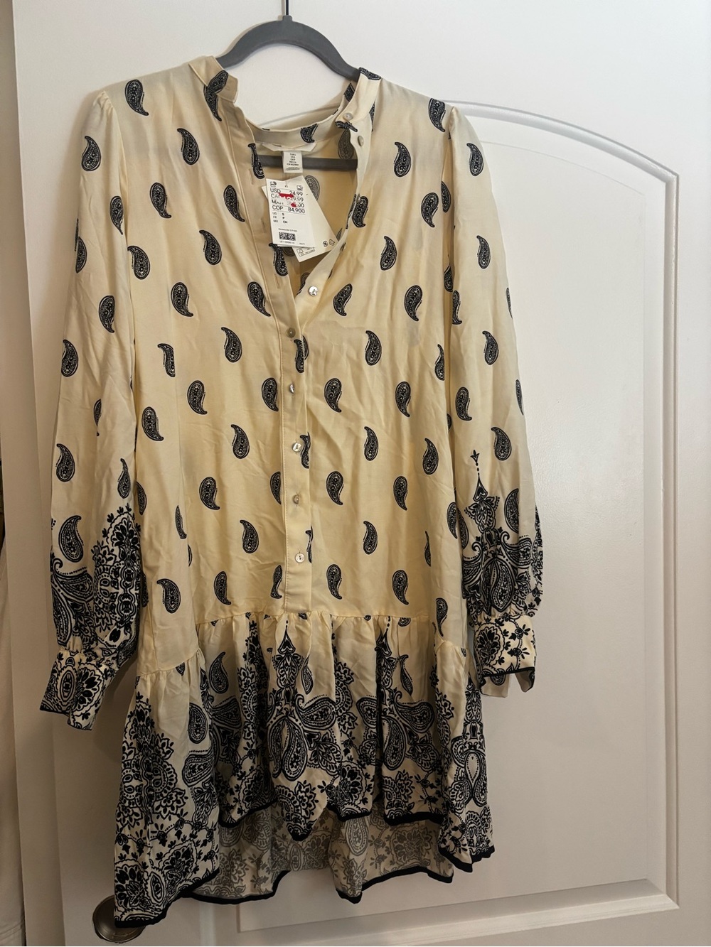 H&M Cream Paisley Button-Front Mini Dress
